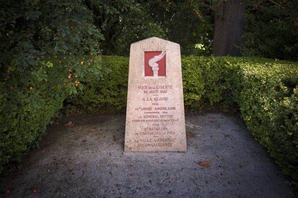 Memorial Voie de la Liberté, memorial stone to the liberation of Épernay on 28 August 1944 by the 3rd US Army under General Patton, Épernay, Champagne, Marne, France
