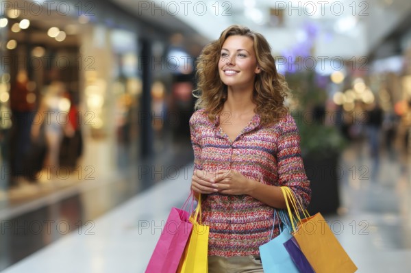 Beautiful young happy attractive woman with bags of different colours in shopping center mall shopping for brand name fashion items, AI generated