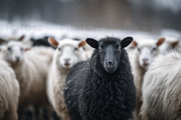Black sheep sticking among white sheep. Black sheep in the family. Concept of a different person or exclusion from society, AI generated