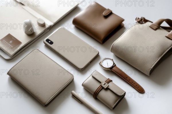 Beige and Brown Leather Accessories Flatlay. Modern business and lifestyle fashion accessories. Watch, wallet and cellphones, AI generated
