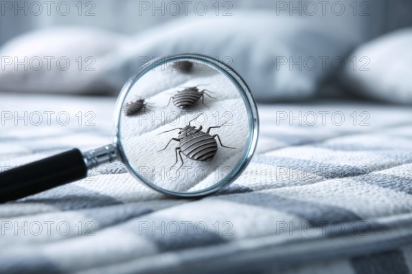 Bed bugs and dust mites concept with the magnifying glass. Allergy and old linen that contains parasites, AI generated