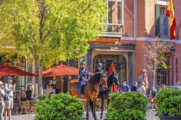 Mounted police officers sitting on horses in a town square with restaurants and people in the old town, Palma de Mallorca, Mallorca, Spain