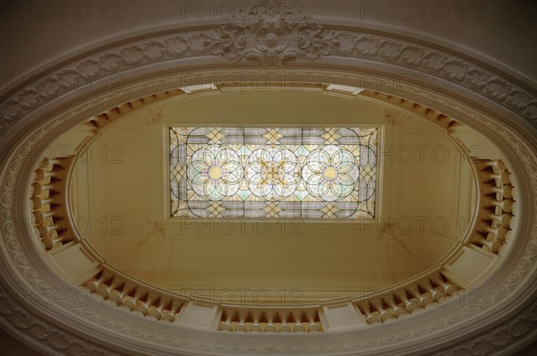 Interior view, ceiling window above staircase, town hall, Hôtel de Ville, Mairie, formerly Hôtel Auban-Moët, Avenue de Champagne, Épernay, Champagne, Marne, France