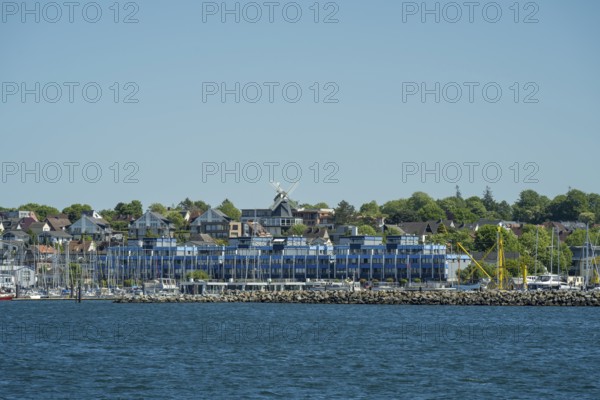 View of the town with marina and windmill, Laboe, Baltic Sea resort, fjord, Baltic Sea, North Frisia, Schleswig-Holstein, Germany