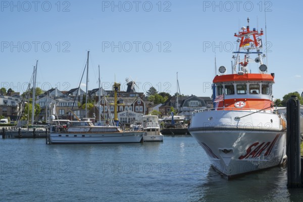 View of the town with harbour and rescue ship, Laboe, Baltic Sea resort, fjord, Baltic Sea, North Frisia, Schleswig-Holstein, Germany