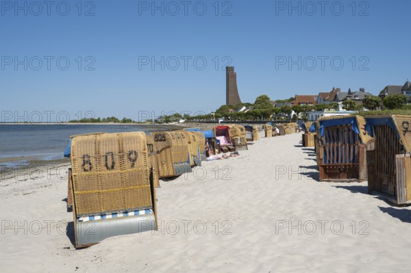 Beach chairs on the sandy beach, naval memorial, Laboe, Baltic seaside resort, fjord, Baltic Sea, North Frisia, Schleswig-Holstein, Germany