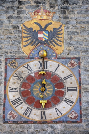 Colourful tower clock with coat of arms, Zwölferturm, historic old town, Sterzing, South Tyrol, Italy