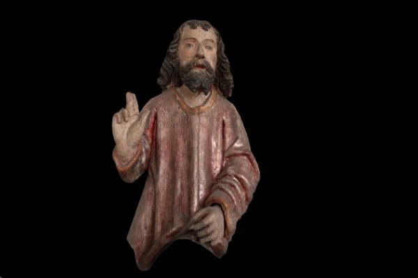 Palmesel, detail Jesus, St Briccius Church, on black background, Wurmlingen, district of Tuttlingen, Baden-Württemberg, Germany