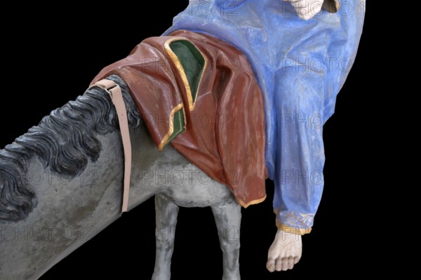 Donkey blanket and robe of Christ, on a black background, detail of the palm donkey, around 1490, St John's parish church, Biberacher Str. 6, Ummendorf, district of Biberach, Baden-Württemberg, Germany