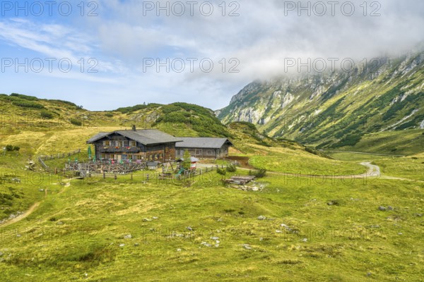 Alpine hut Oberhütte, Alpine pasture area, mountains, clouds, Schladminger Tauern, Radstadt, Pongau, Salzburg