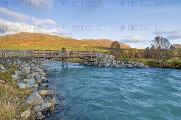 River Soja in Jotunheimen National Park, glacier river, evening light, blue sky, Gudbrandsdalen, Lom, Innlandet, Norway