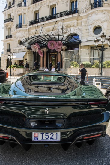 Luxury car and luxury hotel, Monte Carlo, Cote d'Azur, Monaco