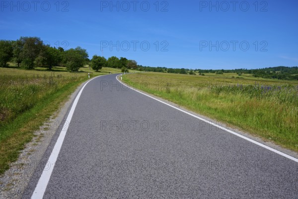 Winding road through a green summer landscape with a blue sky backdrop, Franzosenweg, Lange Rhön, Oberelsbach, Rhön, Bavaria, Germany