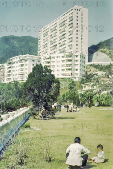 Skyscraper block of flats viewed from Repulse Bay Hotel garden, Repulse Bay, Hong Kong, Asia, 1964
