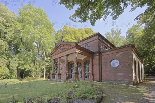 Carolinensaal built in 1763, building with columns and cross, Alter cemetery, Pirmasens, Rhineland-Palatinate, Germany