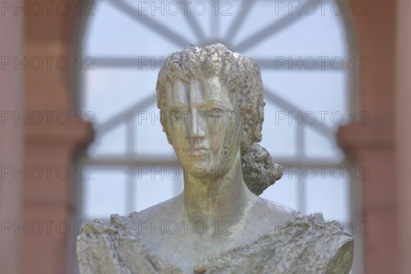 Monument to Landgravine Karoline Henriette, wife of Landgrave Ludwig IX of Hesse-Darmstadt, sculpture, detail, head, bust, Carolinensaal, Old Cemetery, Pirmasens, Rhineland-Palatinate, Germany