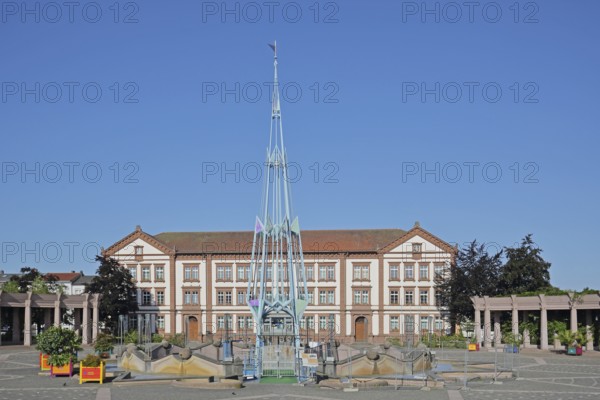 New town hall built in 1879 and fountain with obelisk, arcade, parade ground, Pirmasens, Rhineland-Palatinate, Germany
