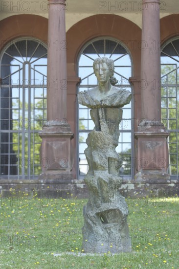 Monument to Landgravine Karoline Henriette, wife of Landgrave Ludwig IX of Hesse-Darmstadt, sculpture, bust, stele, Carolinensaal, Old Cemetery, Pirmasens, Rhineland-Palatinate, Germany