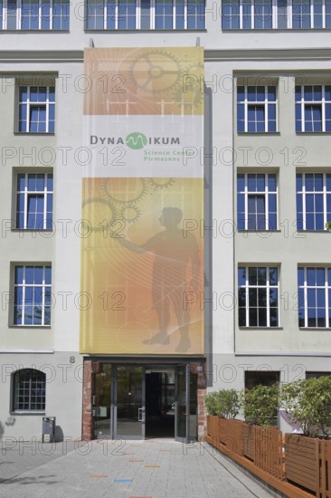Entrance with banner to the Dynamikum Museum, building, window, Rheinberger, Pirmasens, Rhineland-Palatinate, Germany
