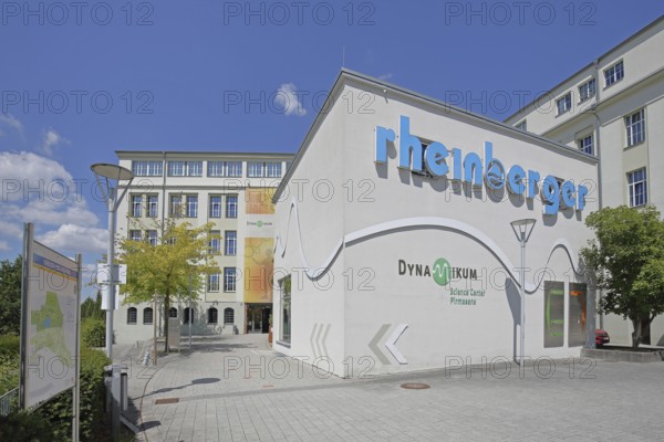 Dynamikum Museum building with banner and Rheinberger, inscription, Pirmasens, Rhineland-Palatinate, Germany