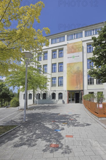 Entrance with banner to the Rheinberger and Museum Dynamikum, building, Pirmasens, Rhineland-Palatinate, Germany