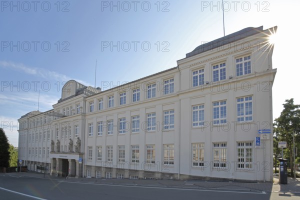 Neuffer am Park in the backlight, former shoe factory, historical shoe industry, industry, shoe production, production, Pirmasens, Rhineland-Palatinate, Germany