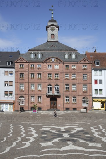 Old town hall built in 1771, floor mosaic, Schlossplatz, Pirmasens, Rhineland-Palatinate, Germany