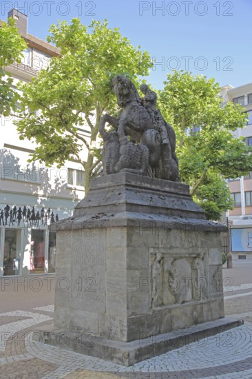 Bismarck monument with St George as dragon slayer, inscription, relief of Bismarck, equestrian figure, Schlossstraße, Pirmasens, Rhineland-Palatinate, Germany