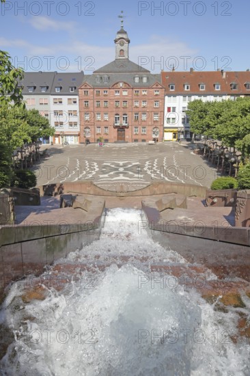 Old town hall built in 1771 and castle fountain by Gernot Rumpf 1984, water features, fountain, water jet, floor mosaic, slope, incline, Schlossplatz, Pirmasens, Rhineland-Palatinate, Germany