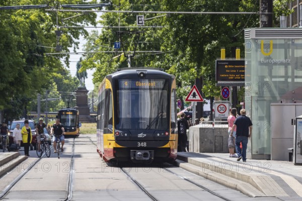 Karlsruhe city railway at Europaplatz. Trams and light rail serve the rail-bound public transport network in Karlsruhe. They are operated by Verkehrsbetriebe Karlsruhe (VBK) and Karlsruher Verkehrsverbund (KVV) . Karlsruhe, Baden-Württemberg, Germany