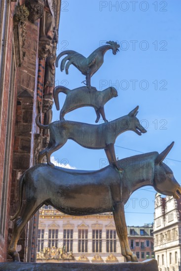 Bremen Town Musicians at the Town Hall, donkey, dog, cat, rooster, fairy tale by the Brothers Grimm, animal fable, literature, Old Town, Bremen, Germany