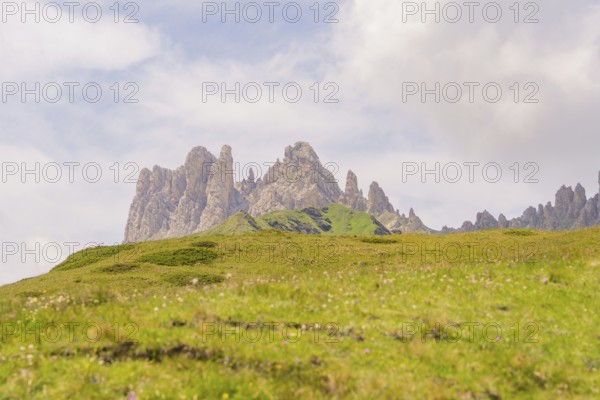 Majestic mountains under the clouds on a green meadow, Alpe di Siusi, Dolomites, South Tyrol, Italy
