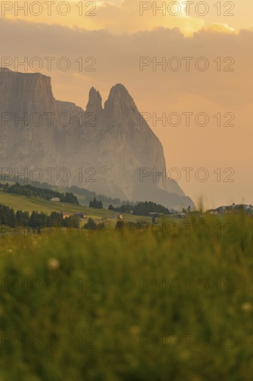 Baroque mountains at sunset in a peaceful landscape, Alpe di Siusi, Dolomites, South Tyrol, Italy