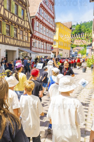 People walking through a historic street during a parade, 950 years Calw, parade Calw, Black Forest, Germany