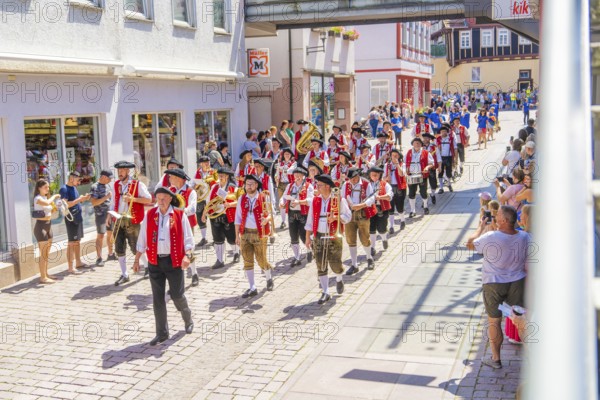 A brass band marches through a cobbled street, surrounded by spectators and historic buildings, 950 years of Calw, Calw parade, Black Forest, Germany