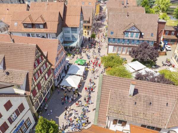 Bird's eye view of a town with a festive atmosphere and half-timbered houses, 950 years of Calw, Calw parade, Black Forest, Germany