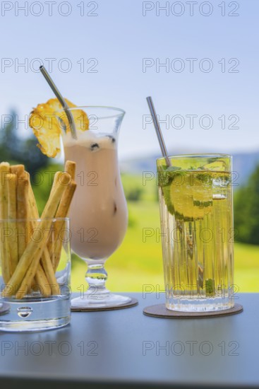 Two cocktails with decorative lemon and mint decorations in front of a summery landscape, Alpe di Siusi, Dolomites, South Tyrol, Italy