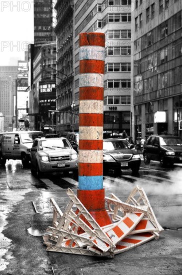 Construction site with chimney for exhaust air at an intersection, black and white, New York City, USA