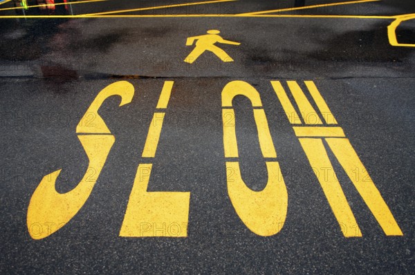 Traffic sign Slow, slow, attention pedestrians, New Jersey, USA
