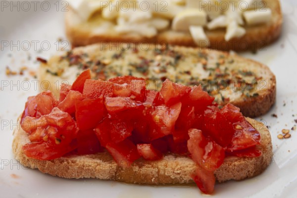 Fresh bruschetta with chopped tomatoes on toasted bread, flavoured with herbs and spices, Tuscany, Italy