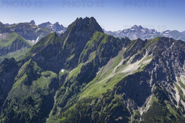 Mountain panorama from Laufbacher-Eckweg to Höfats, 2259m, Allgäu Alps, Allgäu, Bavaria, Germany