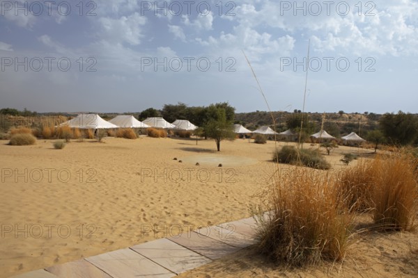 Desert camp or tented camp in the Thar Desert or Great Indian Desert, near Jaisalmer, Rajasthan, India