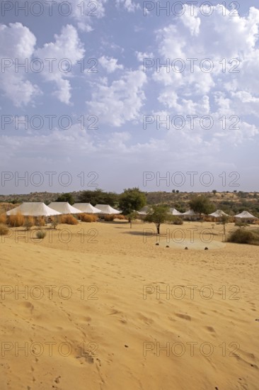 Desert camp or tented camp in the Thar Desert or Great Indian Desert, near Jaisalmer, Rajasthan, India
