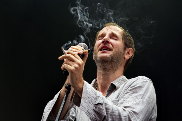 Marco Michael Wanda, singer, from WANDA live on SCHÖN BEI DIR LIVE 2025-Tour in the Berlin Citadel on 12 July 2025