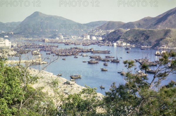 View of sampan boats in the harbour at Aberdeen from Pokfulam Road, Hong Kong, Asia 1964