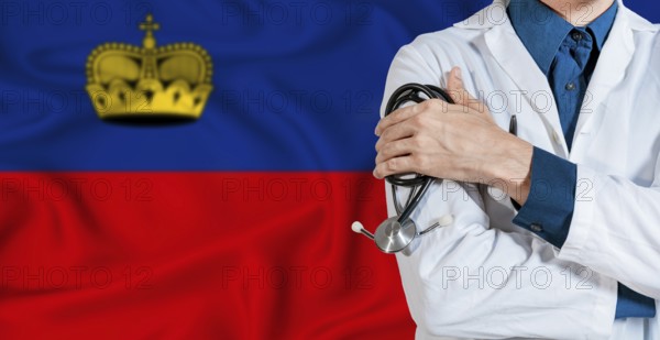 Doctor with stethoscope on Liechtenstein flag. Doctor holding stethoscope on Liechtenstein flag