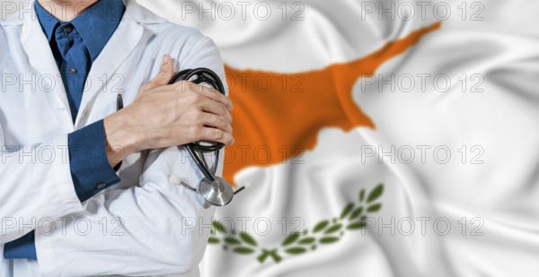 Doctor with stethoscope on Chipre flag. Doctor holding stethoscope on Chipre flag