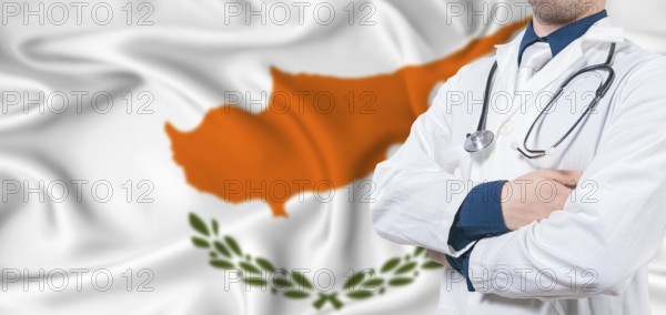 Chipre healthcare concept. Male doctor on Chipre flag. Doctor with crossed arms on Chipre flag