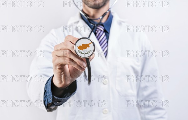 Chipre healthcare system, doctor holding stethoscope. Chipre health and medical insurance concept