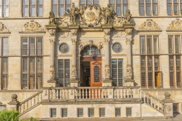 Two-part staircase to the Schütting House, Bremen Chamber of Commerce and Industry and Chamber of Commerce for Bremen and Bremerhaven, Bremen merchants, façade, rich ornamentation with imperial eagle, year 1899, historic city centre, Bremen, Germany